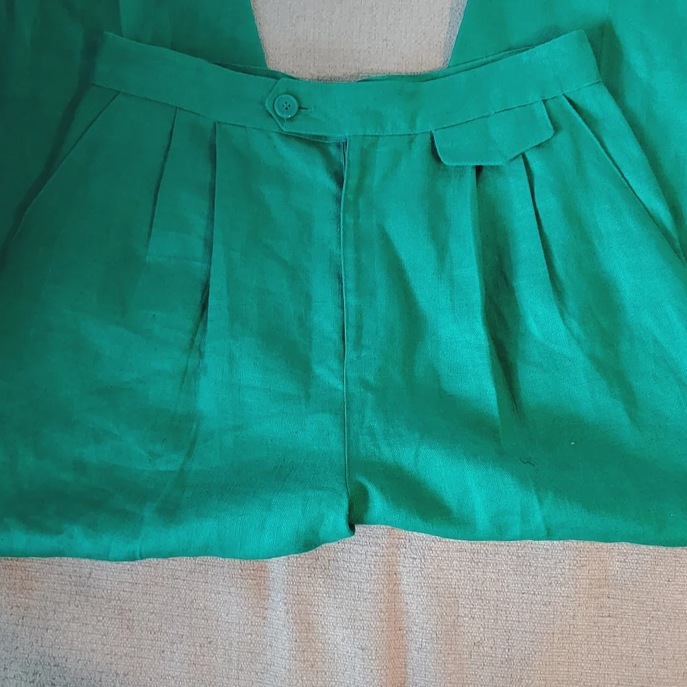 CHAUS Vintage Emersld Green 100% Ramie High Waist Pleated Trousers
